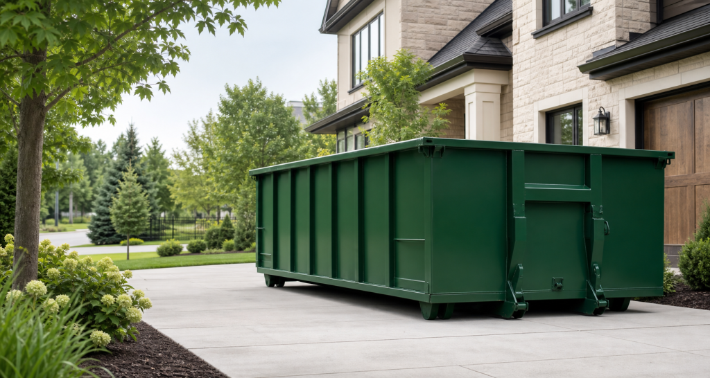 Clean green roll-off dumpster in an Ottawa residential driveway